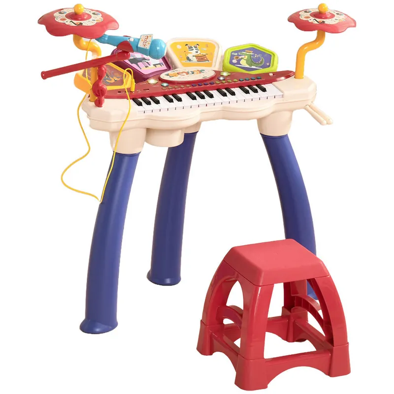 AIYAPLAY Piano Electrónico Infantil de 32 Teclas Juego de Piano 2 en 1 con Batería Micrófono Taburete Luces 19 Canciones 4 Sonidos y Volumen Ajustable 74x32,2x71 cm Multicolor - Jardín