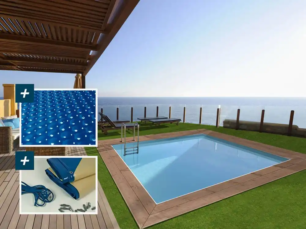 Piscina rectangular de madera "Caimans" - 4,10 x 3,00 x 1,24 m + cubierta de burbujas de 180 µ - cubierta de invierno de 280 g/m²