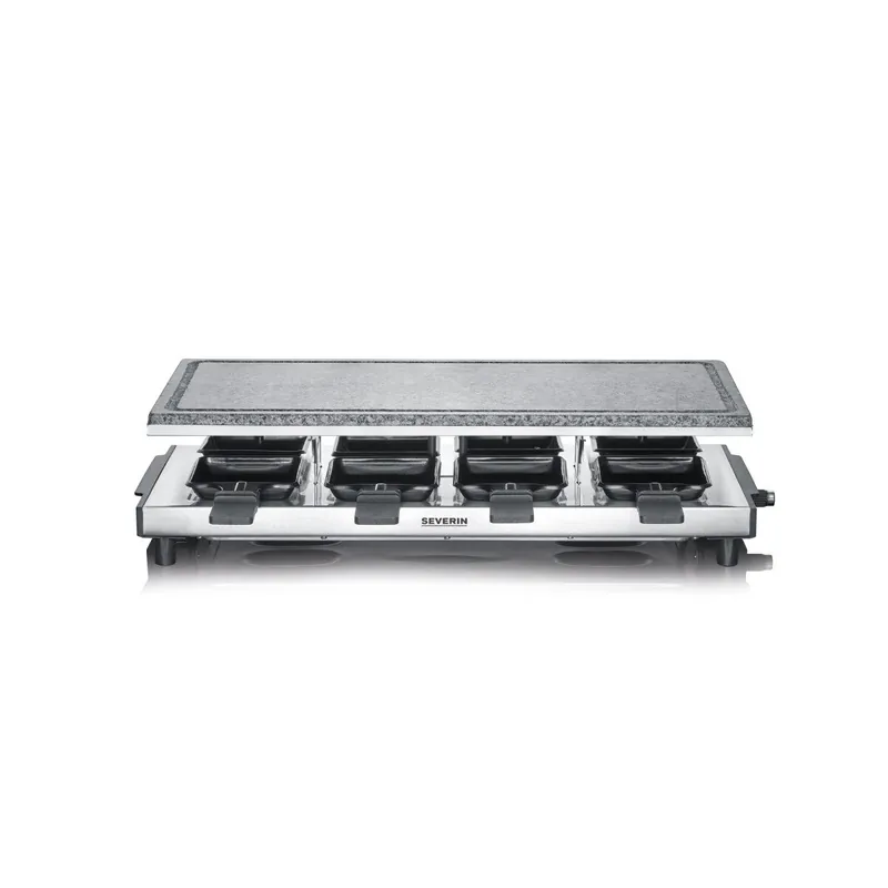 SEVERIN - Raclette-Grill con piedra natural, parrilla eléctrica de sobremesa, raclette para 8 personas con placa de parrilla grill y 8 sartenes, plástico/acero inoxidable, negro, RG 2374