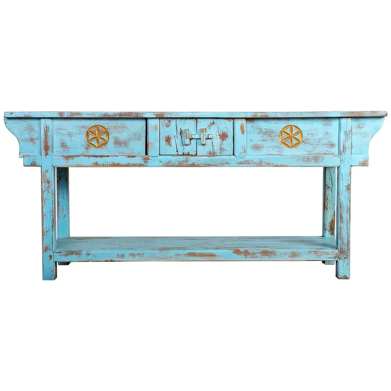 Recibidor de madera acabado artesanal envejecido azul 181x45x80h cm - Muebles
