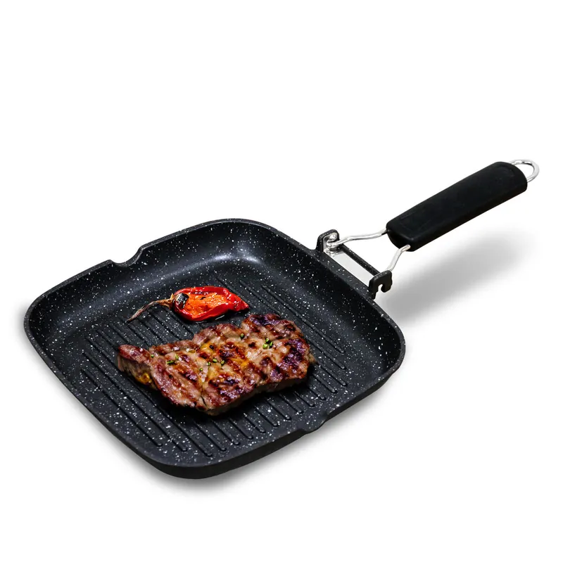 Briebe GP1158 Grill Asador, Inducción, Antiadherente Titanio 24x24cm Aluminio Fundido sin PFOA Mango Plegable, , Negro - Electrodomésticos