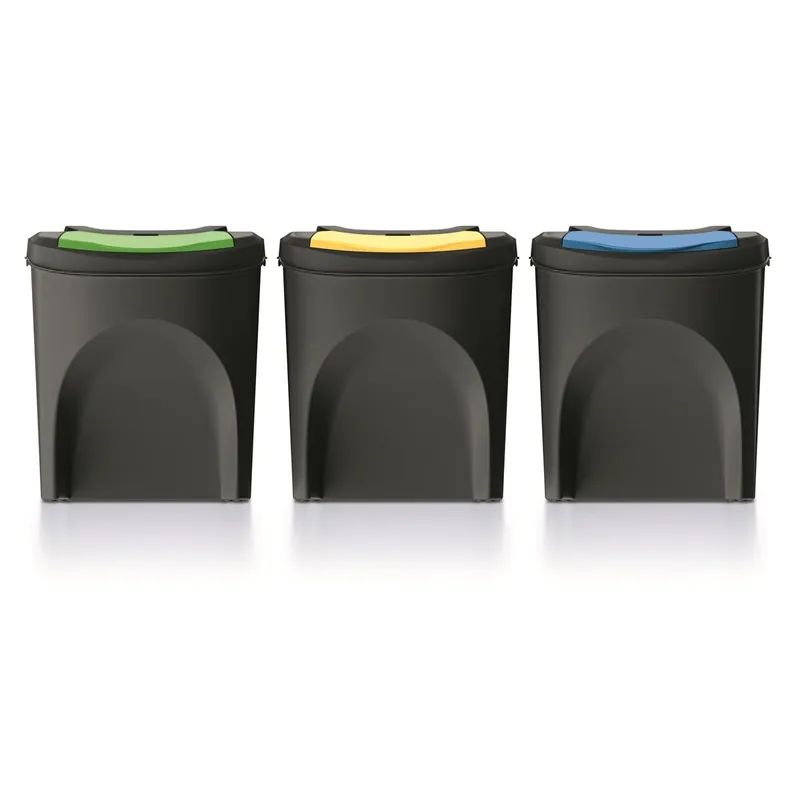 Set 3 cubos de basura KEDEN SORTIBOX 100% plástico reciclado, negro, 75L - Baño