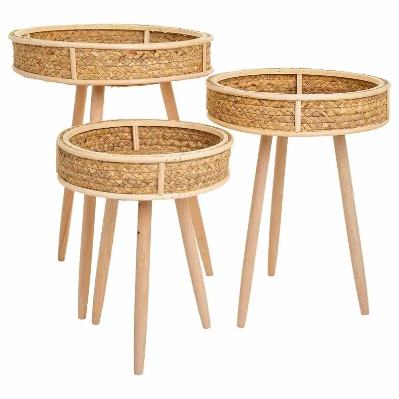 Set 3 mesas esquineras de bambú y madera marrones - Muebles