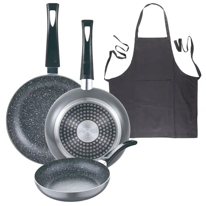 Set 3 sartenes San Ignacio (16+20+24cm) aluminio prensado ind negra+Delantal de Cocina Gris oscuro 100% Algodón 75x80cm