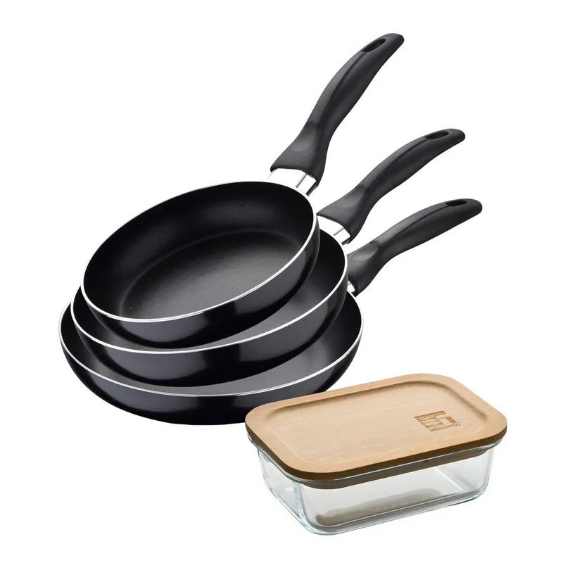 Set 3 sartenes San Ignacio(16,20,24cm) aluminio prensado, apto para inducción+Hermético de 650ml en vidrio de borosilicato - Cocina