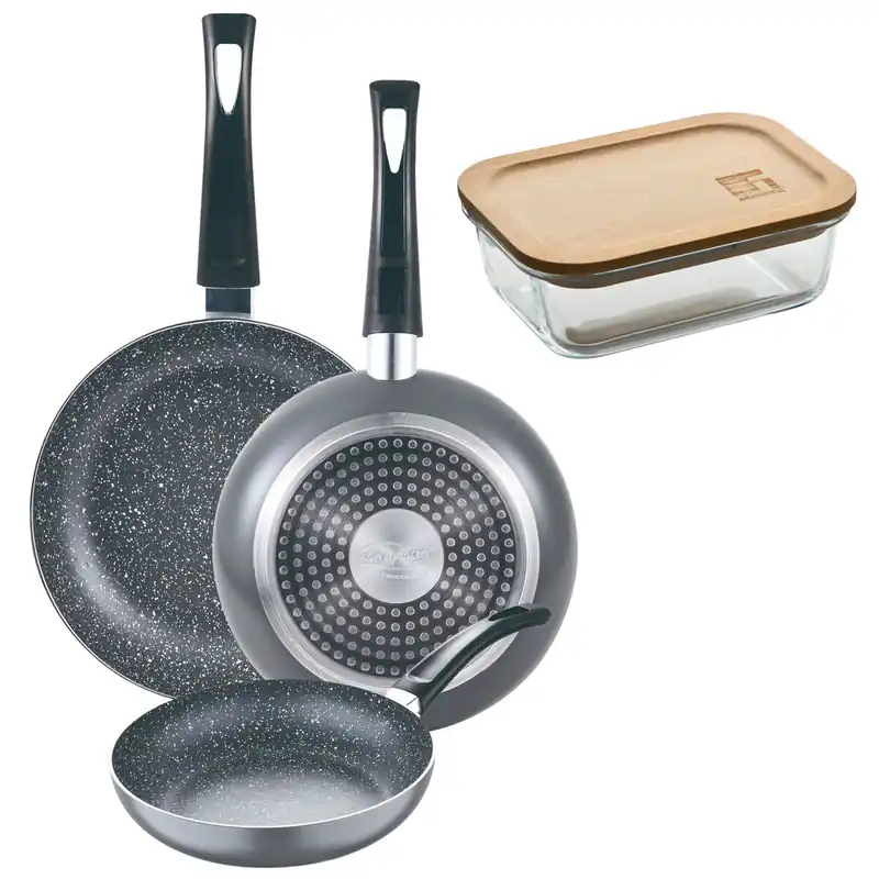 Set 3 sartenes San Ignacio (16+20+24cm) aluminio prensado ind negra+Hermético de 650ml en vidrio de borosilicato - Cocina