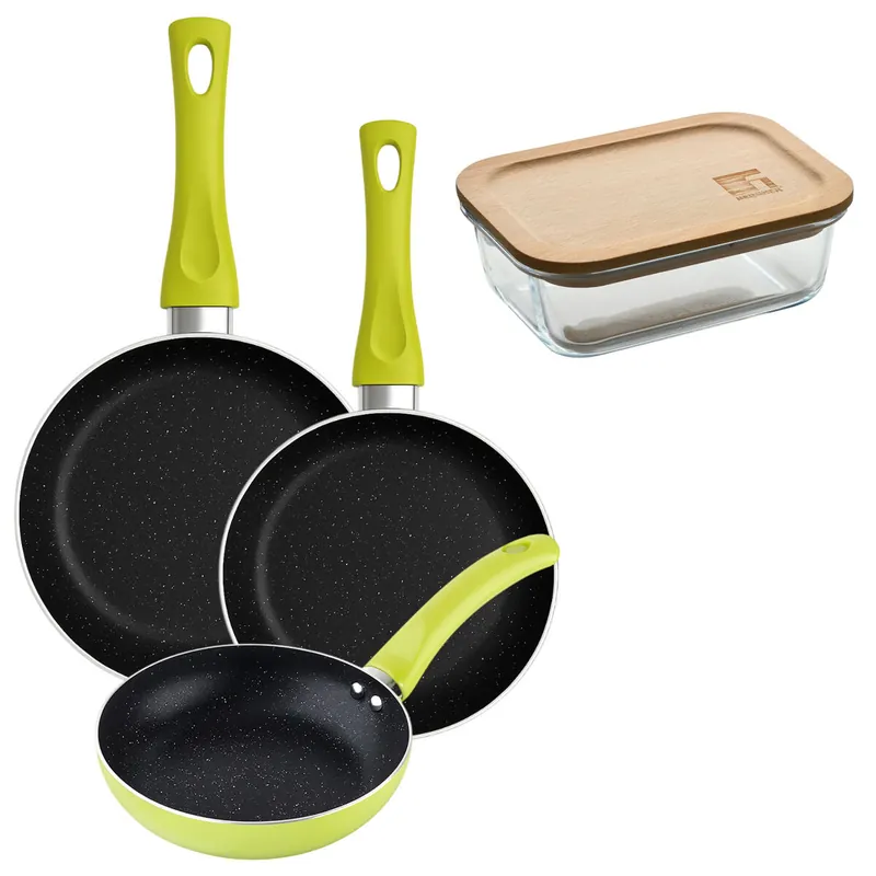 Set 3 sartenes San Ignacio (20+24+28cm) aluminio prensado verde+Hermético de 650ml en vidrio de borosilicato - Cocina