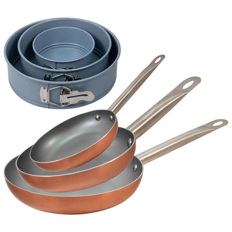 Set 3 sartenes San Ignacio (18,22,26cm) aluminio prensado, aptas para inducción+Juego de 3 moldes de horno redondos Ø12Ø18Ø22cm - Cocina
