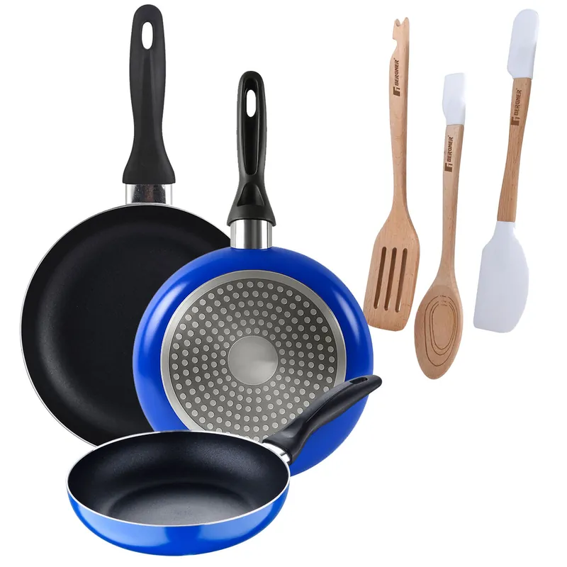 Set 3 sartenes San Ignacio (16+20+24cm) aluminio prensado ind azul+Juego de 3 Utensilios de cocina en silicona y madera