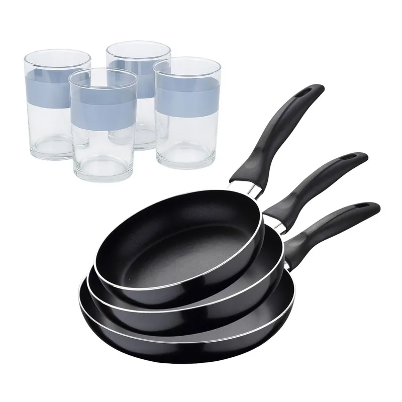 Set 3 sartenes San Ignacio(16,20,24cm) aluminio prensado, apto para inducción+Juego de 4 Vasos de 0,5L - Cocina
