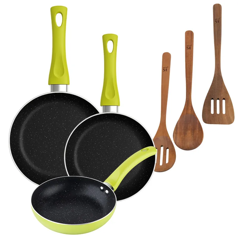 Set 3 sartenes San Ignacio (20+24+28cm) aluminio prensado verde+Set 3pc utensilios cocina madera acacia