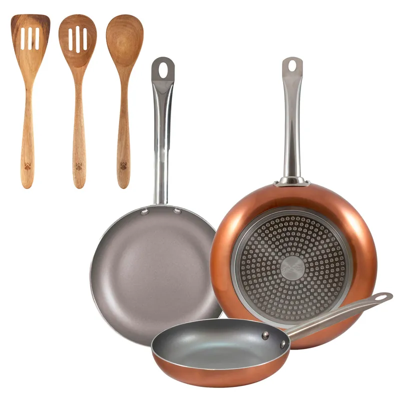 Set 3 sartenes San Ignacio (18,22,26cm) aluminio prensado, aptas para inducción+Set 3pcs utensilios de cocina acacia