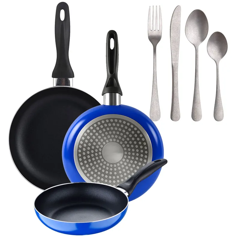 Set 3 sartenes San Ignacio (16+20+24cm) aluminio prensado ind azul+Set de 16 Cubiertos en Acero Inoxidable - Cocina