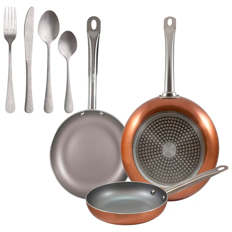 Set 3 sartenes San Ignacio (18,22,26cm) aluminio prensado, aptas para inducción+Set de 16 Cubiertos en Acero Inoxidable - Cocina