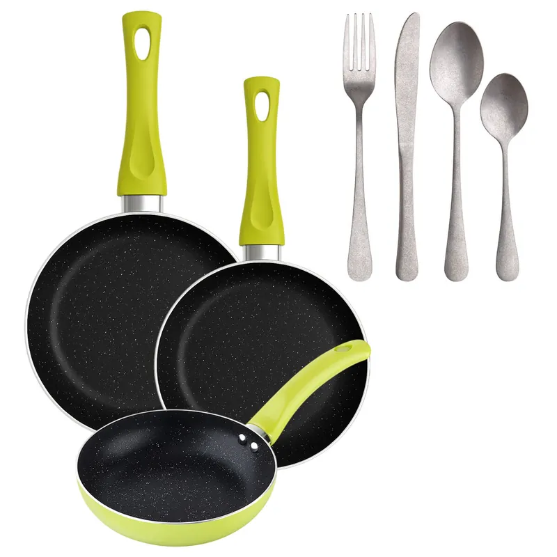 Set 3 sartenes San Ignacio (20+24+28cm) aluminio prensado verde+Set de 16 Cubiertos en Acero Inoxidable - Cocina