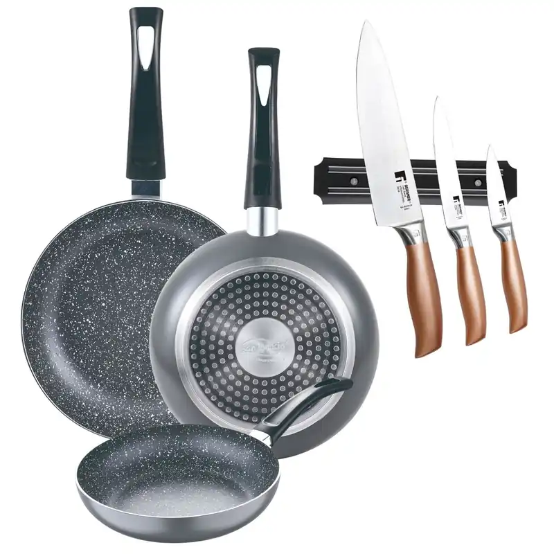 Set 3 sartenes San Ignacio (16+20+24cm) aluminio prensado ind negra+Set de 3 Cuchillos en acero inoxidable con Soporte magnético de pared - Cocina