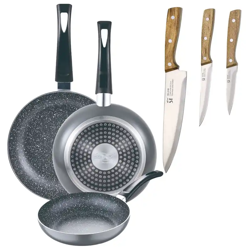 Set 3 sartenes San Ignacio (16+20+24cm) aluminio prensado ind negra+Set de 3 cuchillos de acero inoxidable para cocina