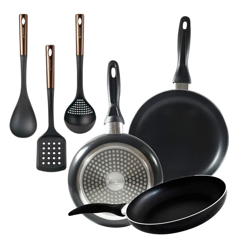 Set 3 sartenes San Ignacio(16,20,24cm) aluminio prensado, apto para inducción+ Set de 3 Utensilios de cocina de PBT negro y cobre