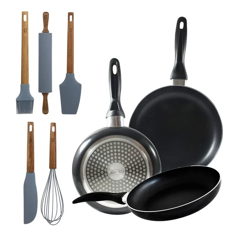 Set 3 sartenes San Ignacio(16,20,24cm) aluminio prensado, apto para inducción+Set de 5 Utensilios de Cocina de Silicona y Madera de Acacia