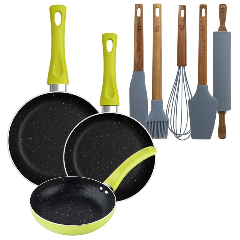 Set 3 sartenes San Ignacio (20+24+28cm) aluminio prensado verde+Set de 5 Utensilios de Cocina de Silicona y Madera de Acacia