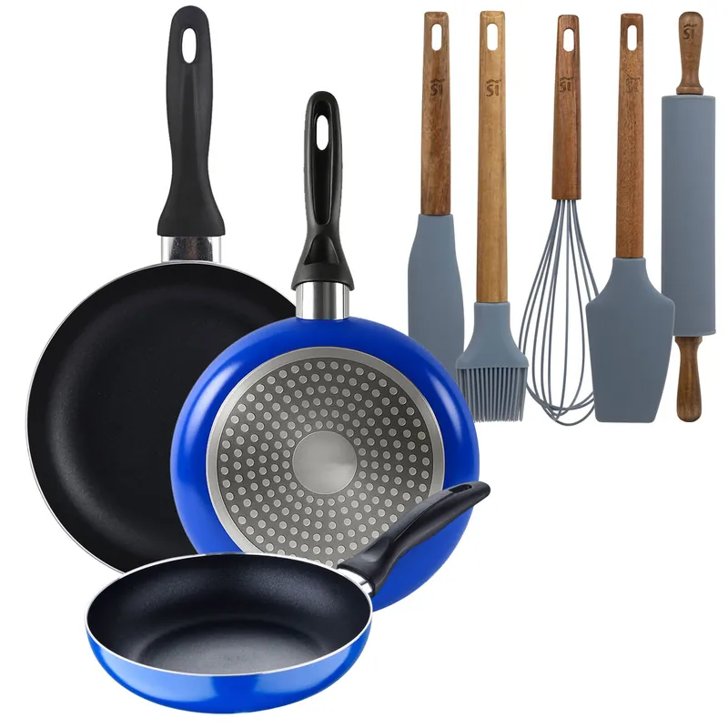 Set 3 sartenes San Ignacio (16+20+24cm) aluminio prensado ind azul+Set de 5 Utensilios de Cocina de Silicona y Madera de Acacia
