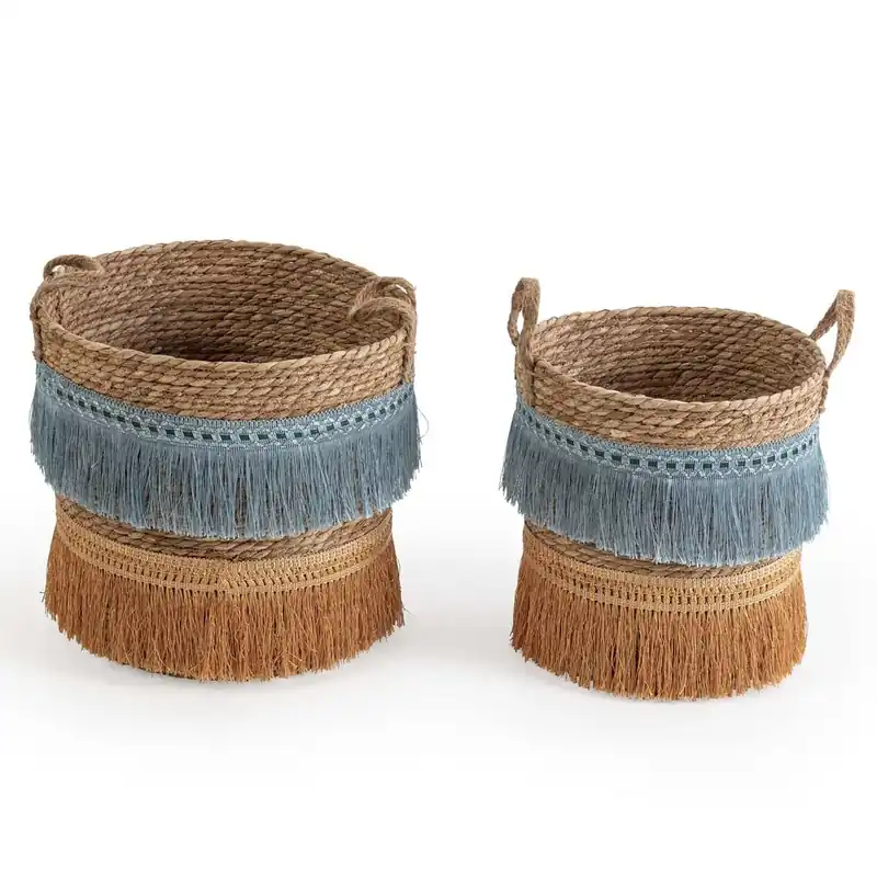 Set de 2 cestas Indie de fibra natural con asas, azul/naranja - Decoración