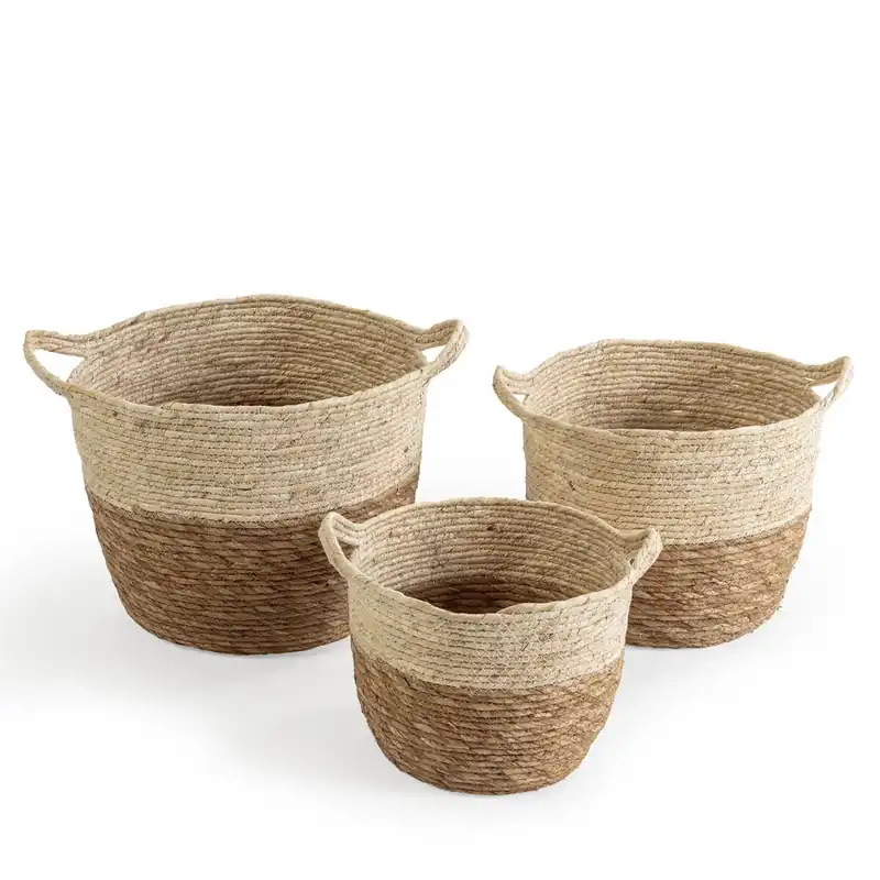 Set de 3 cestas Brais de fibra natural con asas, blanco/natural - Decoración
