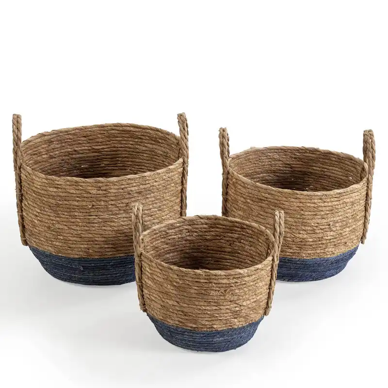 Set de 3 cestas Iria de fibra natural con asas, azul/natural - Decoración