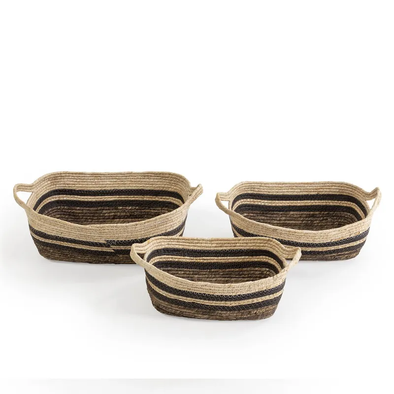 Set de 3 cestas Luar de fibra natural y papel, marrón/beige con asas - Decoración