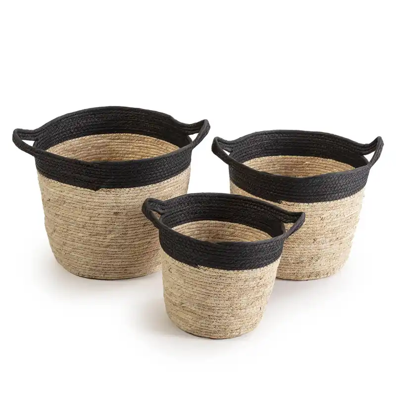 Set de 3 cestas Otilia de fibra natural y papel, negro/beige con asas - Decoración
