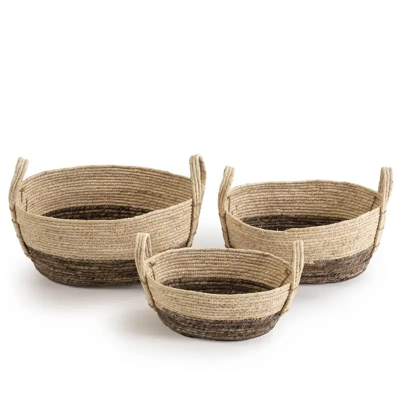 Set de 3 cestas Xiana de fibra natural con asas, blanco/marrón - Decoración