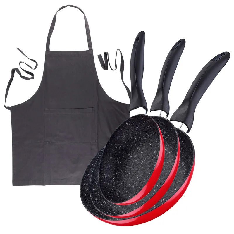 Set de 3 sartenes San Ignacio con revestimiento en mármol Ø16 cm Ø20 cm Ø24 cm+Delantal de Cocina Gris oscuro 100% Algodón 75x80cm