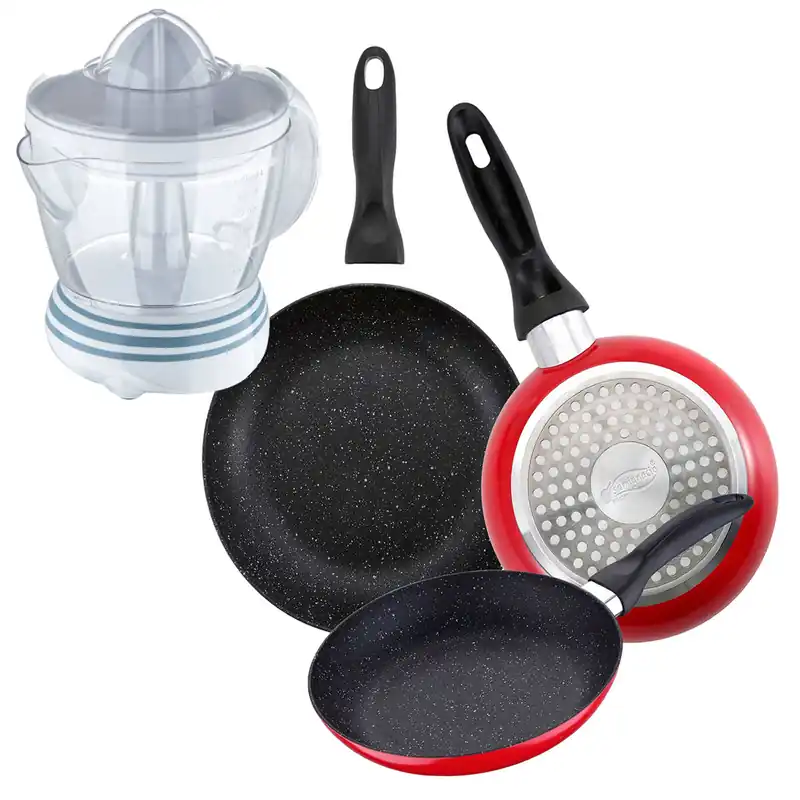 Set de 3 sartenes San Ignacio con revestimiento en mármol Ø16 cm Ø20 cm Ø24 cm+Exprimidor de 40W de Potencia - Capacidad de 1.2 Litros