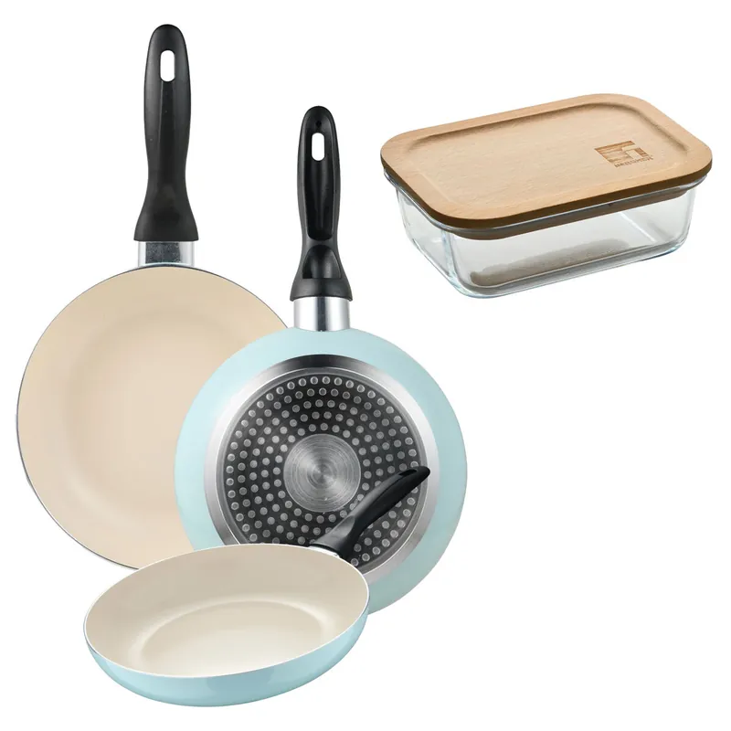 Set de 3 sartenes San Ignacio Ø16Ø20Ø24cm en aluminio prensado Azul celeste+Hermético de 650ml en vidrio de borosilicato - Cocina