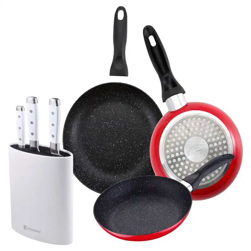 Set de 3 sartenes San Ignacio con revestimiento en mármol Ø16 cm Ø20 cm Ø24 cm+Juego de 3 Cuchillos de acero inoxidable + Tacoma en color Blanco - Cocina