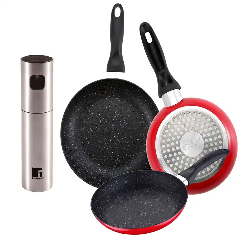 Set de 3 sartenes San Ignacio con revestimiento en mármol Ø16 cm Ø20 cm Ø24 cm+Pulverizador de Aceite y vinagre Ø4x17,5cm en acero inoxidable - Cocina