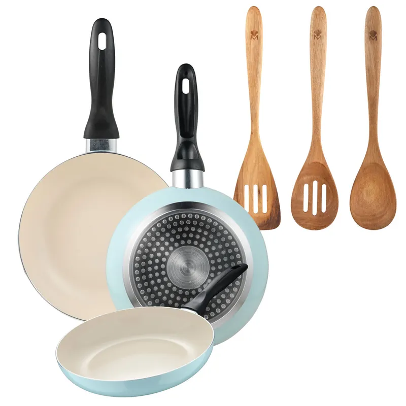 Set de 3 sartenes San Ignacio Ø16Ø20Ø24cm en aluminio prensado Azul celeste+Set 3pcs utensilios de cocina acacia