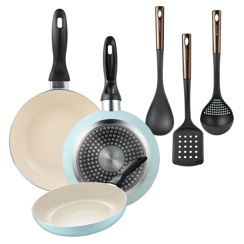 Set de 3 sartenes San Ignacio Ø16Ø20Ø24cm en aluminio prensado Azul celeste+ Set de 3 Utensilios de cocina de PBT negro y cobre