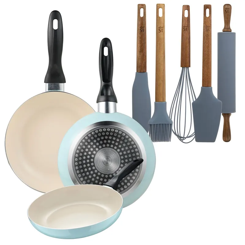 Set de 3 sartenes San Ignacio Ø16Ø20Ø24cm en aluminio prensado Azul celeste+Set de 5 Utensilios de Cocina de Silicona y Madera de Acacia