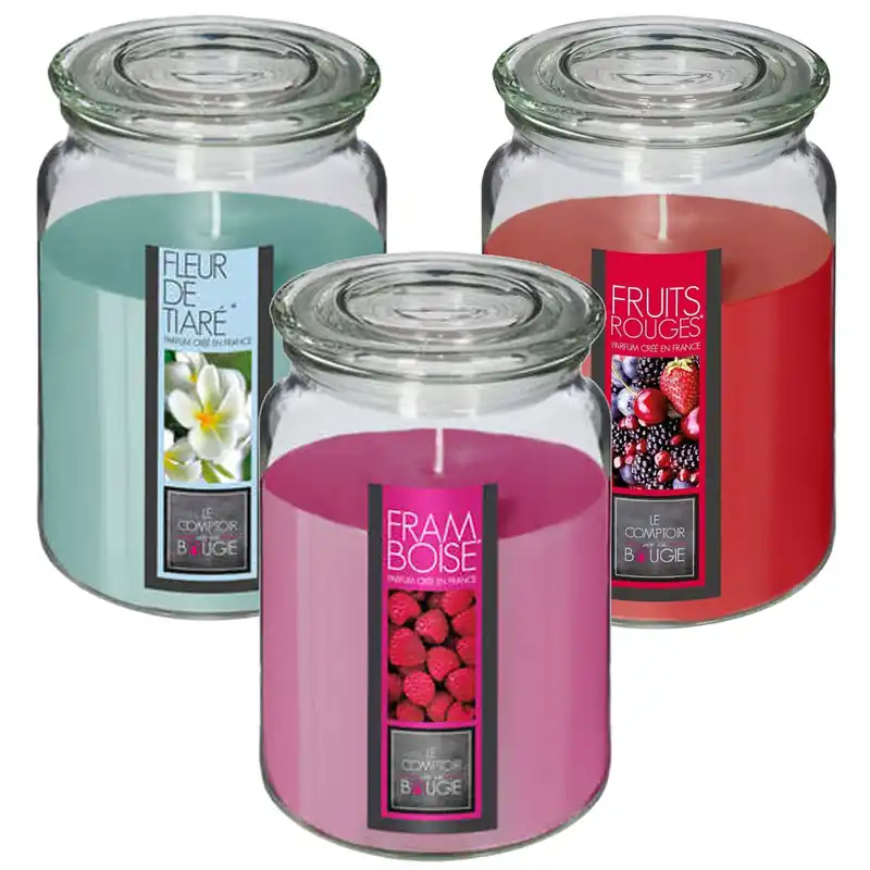 Set de 3 Velas Perfumadas (Flor de tiare + Frutos rojos + Frambuesa) de 510g en recipiente de cristal Ø10 x H.14,5cm - Decoración