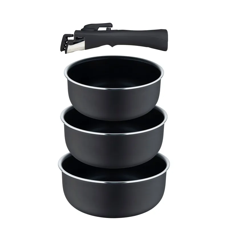 Bergner Click&Cook Juego de 3 Cazos Ø16Ø18Ø20cm aluminio prensado Negro y Heat Dot + Mango desmontable - Cocina