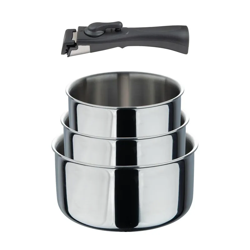 Bergner Click&Cook Set de 3 Cazos Ø16Ø18Ø20cm sin revestimientos + Mango desmontable en acero inoxidable - Cocina