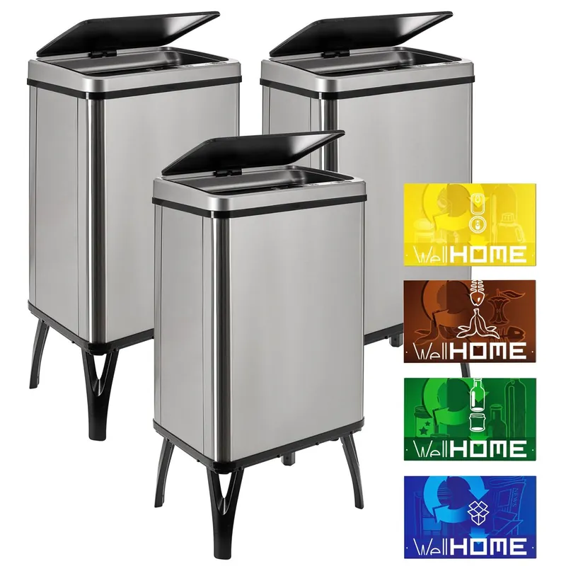 WELL HOME MOBILIARIO & DECORACIÓN 3 Cubos de basura inteligente de 40L c/u, Alto: 71,5 (x35,5x26), gris con etiquetas magnéticas - Baño