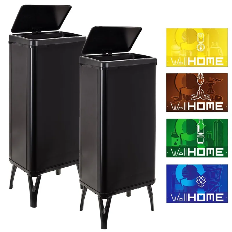 WELL HOME MOBILIARIO & DECORACIÓN 2 Cubos de basura inteligente de 60L c/u, Alto: 95,5 (x35,5x26), negro con etiquetas magnéticas - Baño
