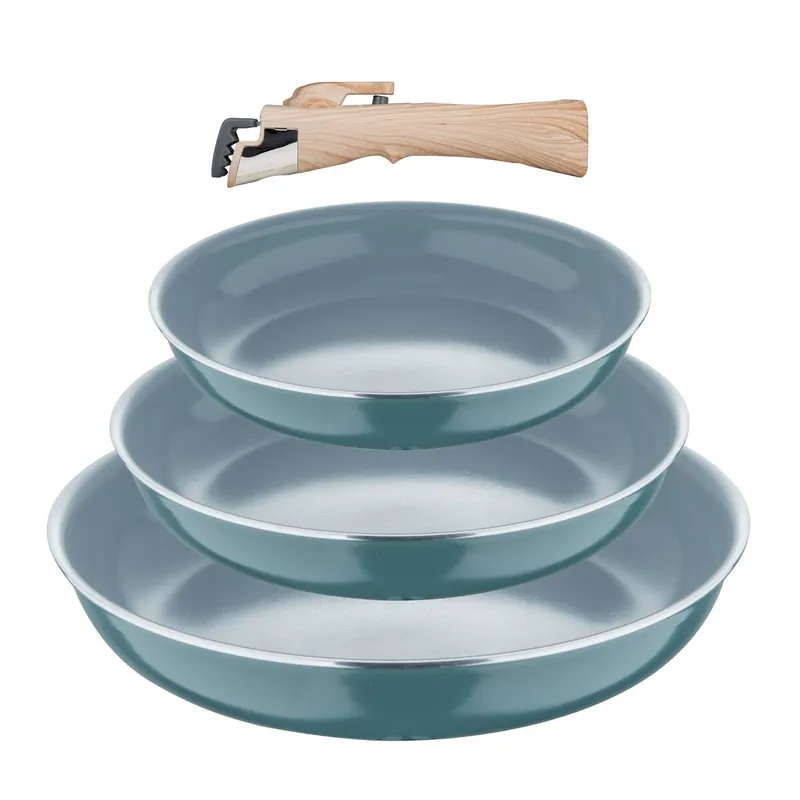 Bergner Click&Cook Juego de 3 Sartenes Ø18Ø20Ø24cm Aluminio prensado reciclado Verde + Mango extraíble - Cocina