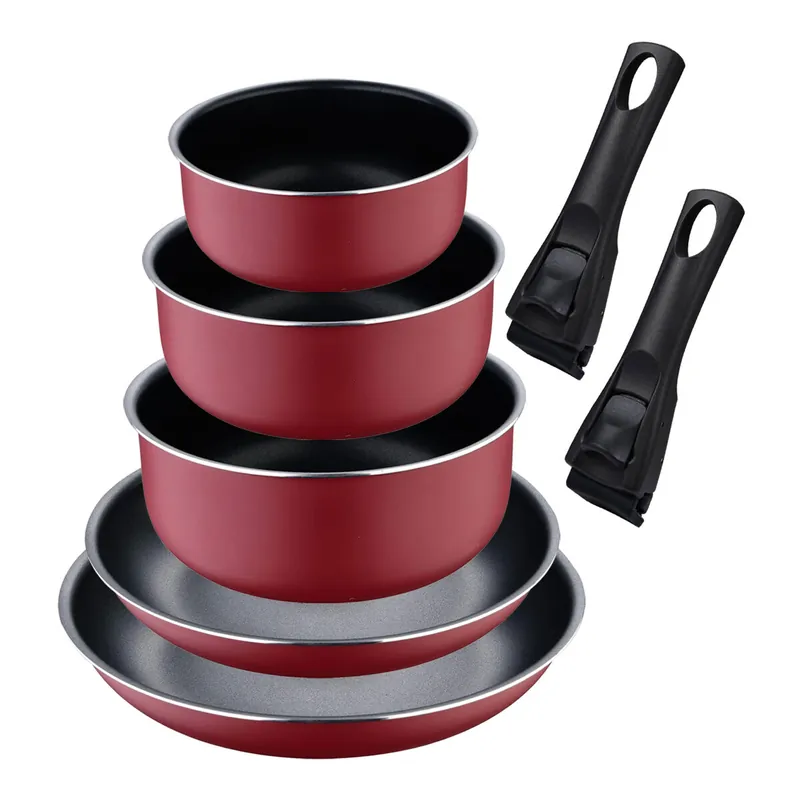 Set de 2 Sartenes Ø22Ø26cm con Mango extraíble + 3 Cazos Ø16Ø18Ø20cm con Mango extraible - en Aluminio prensado color Rojo Click&Cook Bergner