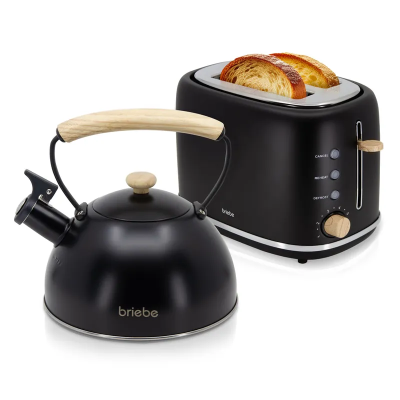 Briebe SKT1177BLK Nordic Set Tostadora Pan Ranura Ancha 2 Rebanadas + Tetera 2,3L Acero Inox, Inducción Libre BPA, 870, Negro - Electrodomésticos