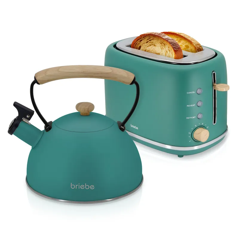 Briebe SKT1177GRE Nordic Set Tostadora Pan Ranura Ancha 2 Rebanadas + Tetera 2,3L Acero Inox, Inducción Libre BPA, 870, Verde - Electrodomésticos