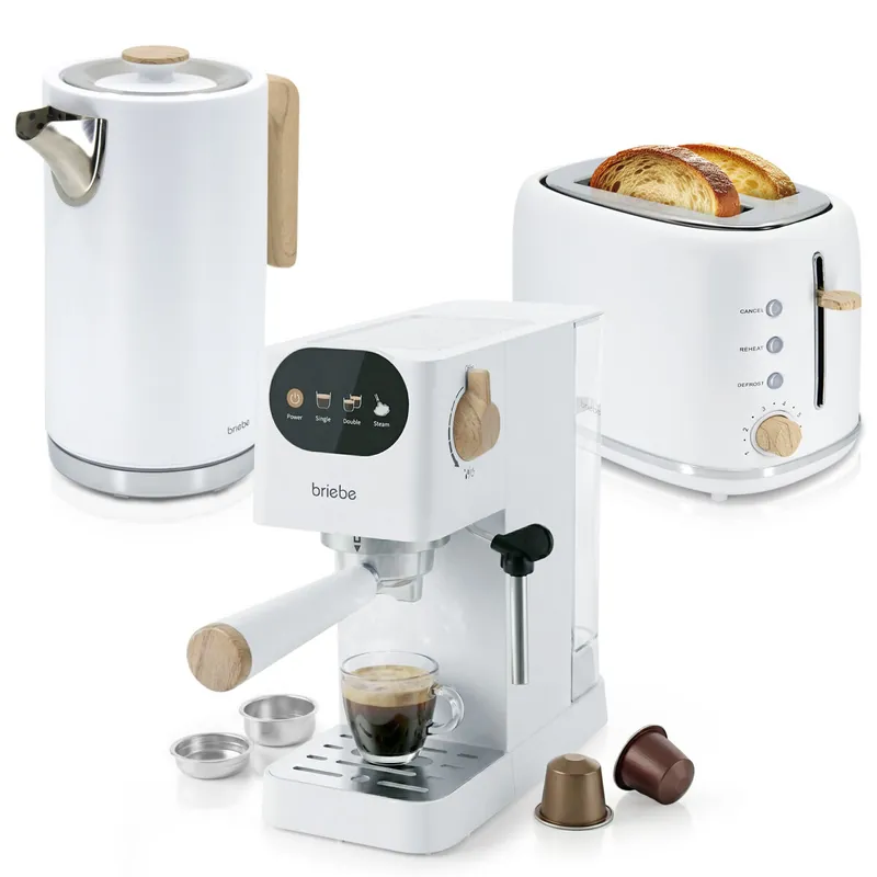 Briebe SKT1209WHT Nordic Set Cafetera Espresso 20 Bares, Tostadora Pan 2 Rebanadas, Hervidor Eléctrico Agua 1,7L, 1350, Blanco - Electrodomésticos