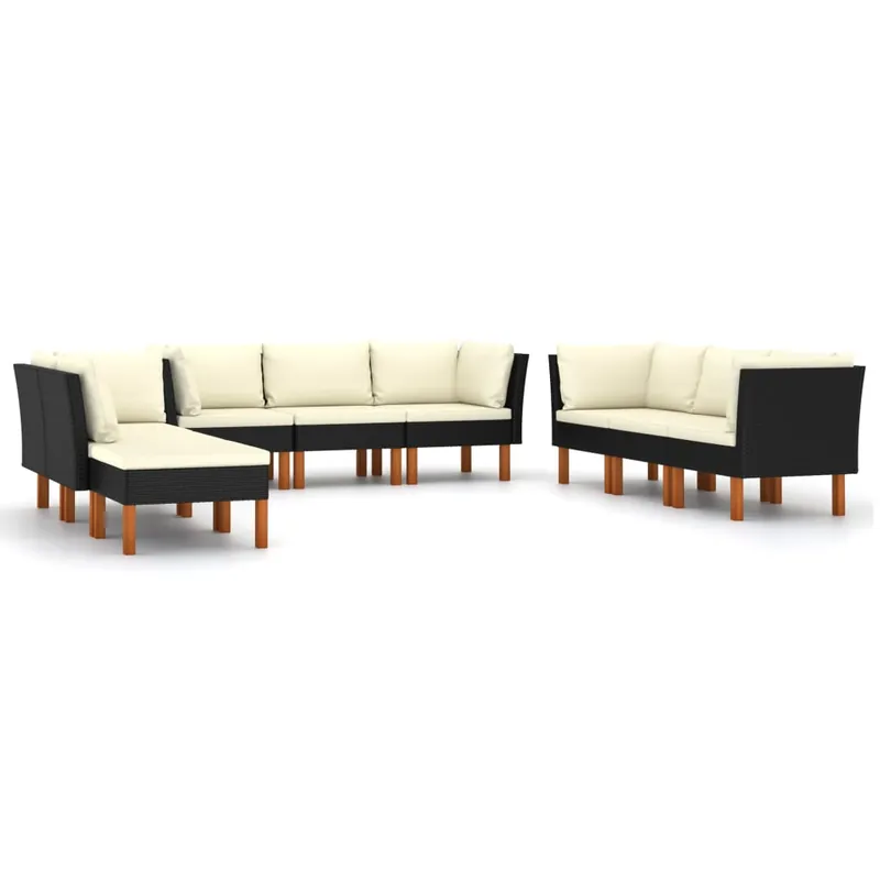 Set de muebles de jardín 9 pzas y cojines ratán sintético negro